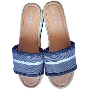 Women’s Nautical Fashion Leather & Fabric Slides in Classic Navy & White Stripe